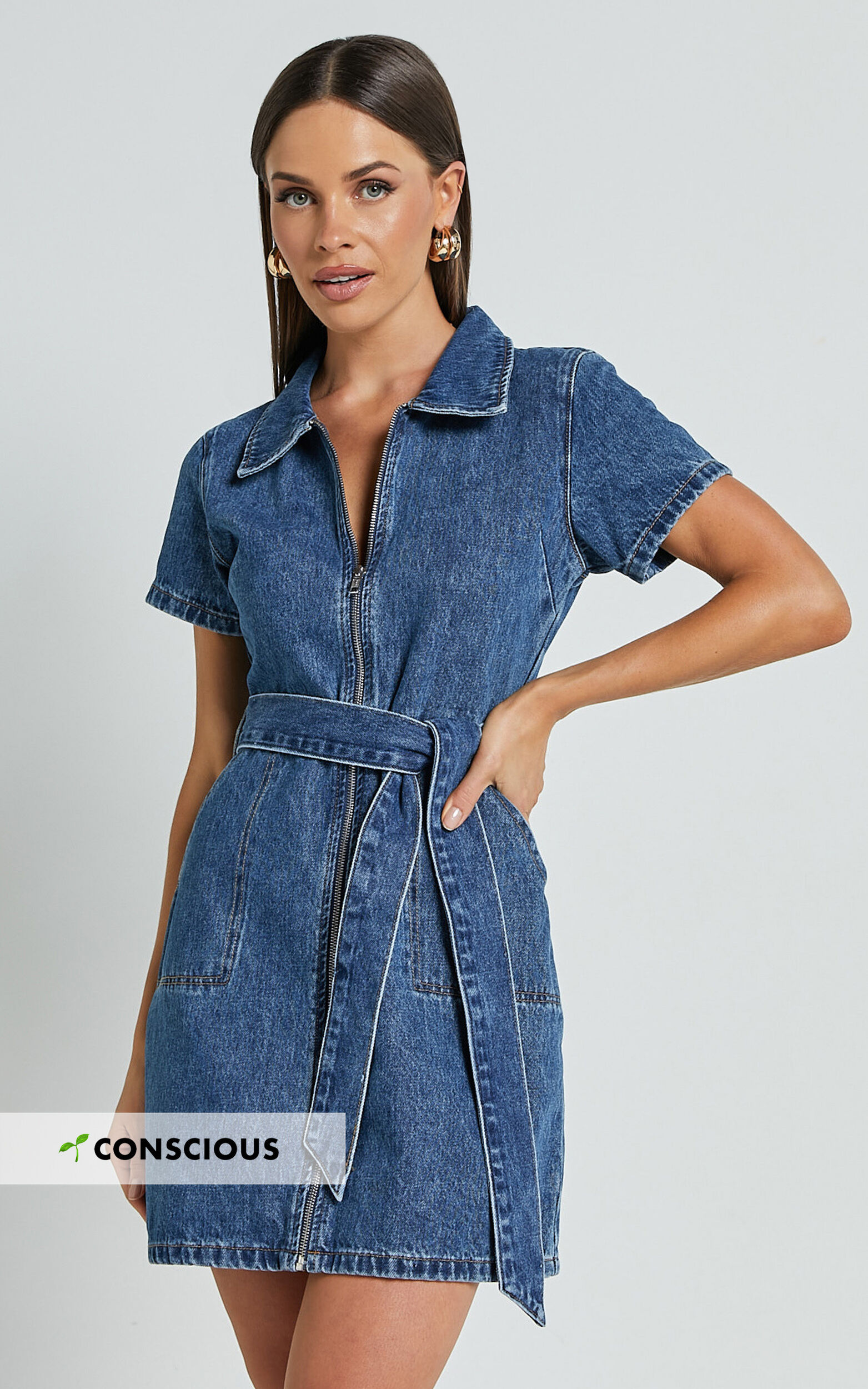 Nandini Mini Dress Zip Through Denim Dress in Blue