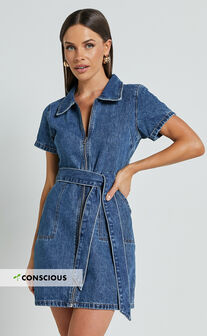 Nandini Mini Dress - Zip Through Denim Dress in Blue