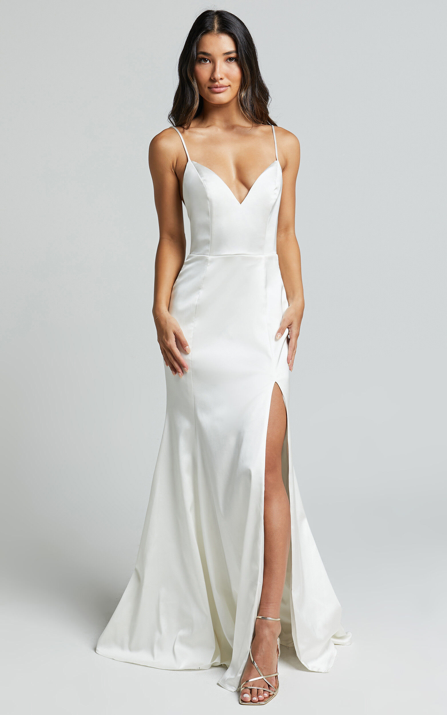Francia Maxi Dress - Sweetheart Thigh Split Dress in White - 06, WHT1