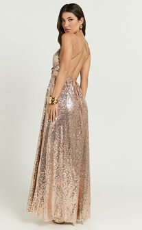 Harvey Maxi Dress - Sequin Plunge Front High Split Dress in Rose Gold