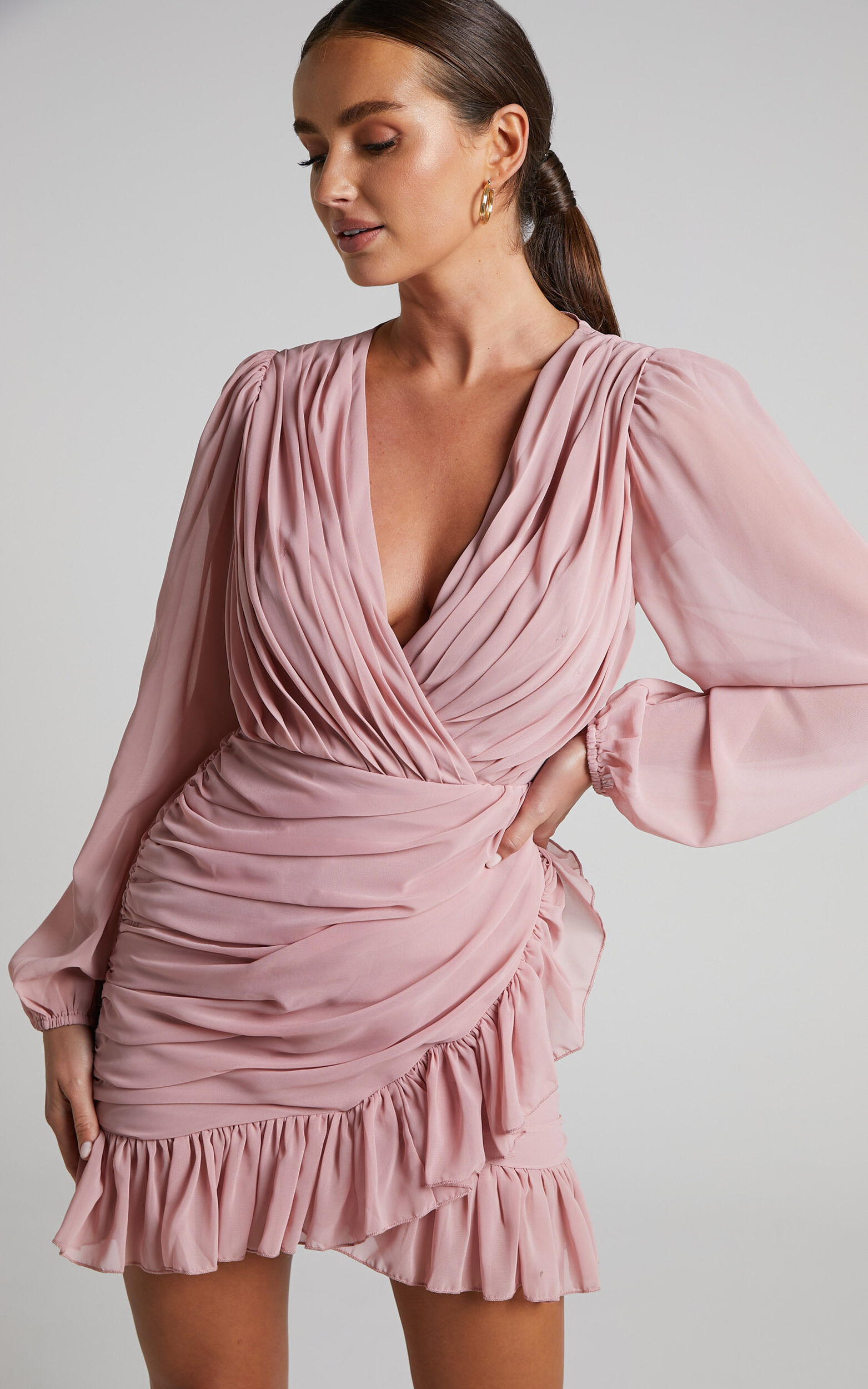 Can I Be Your Honey Mini Dress - Plunge Balloon Sleeve Dress in Dusty ...