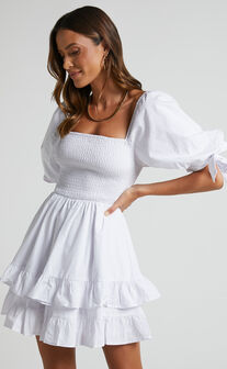 Chelle Mini Dress - Shirred Short Tie Sleeve Dress in White