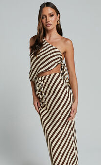 Shandy Two Piece Set - One Shoulder Side Tie Asymmetrical Top and Slip Skirt Set in Chocolate Stripe