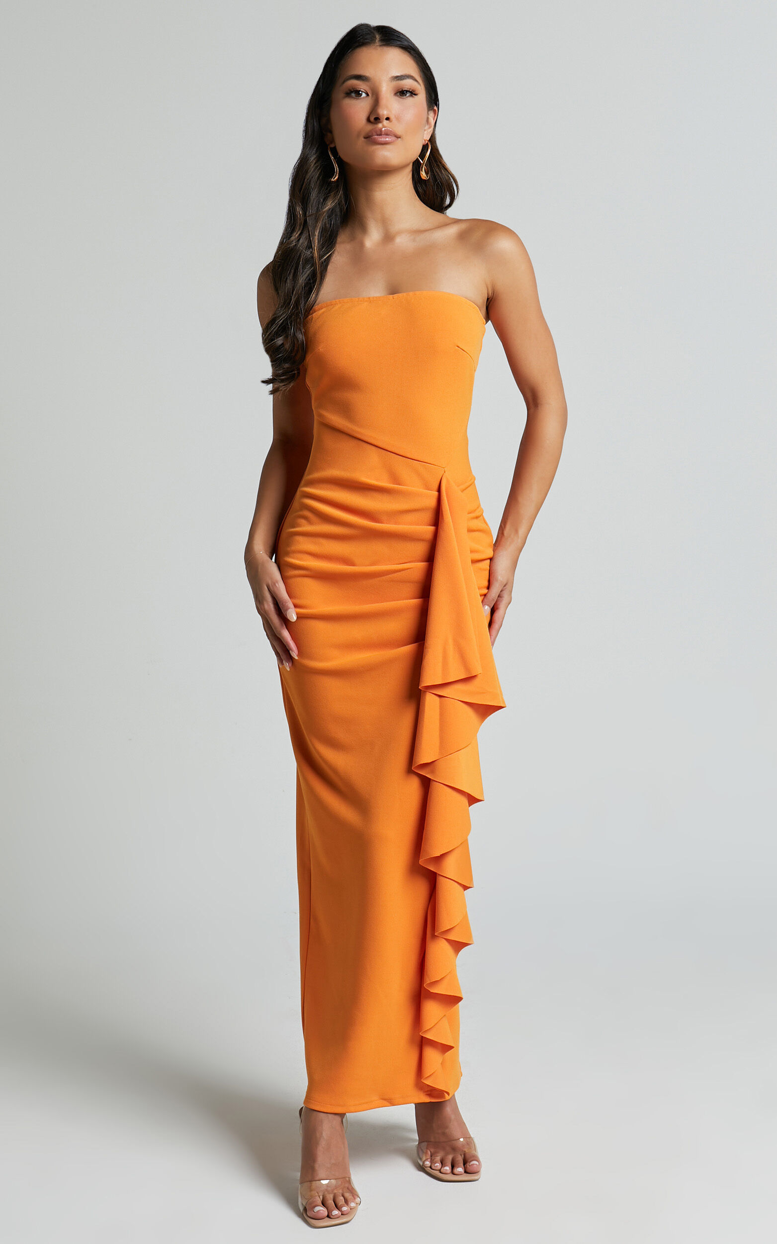 Ghamie Midi Dress - Strapless Ruffle Dress in Orange - 06, ORG1
