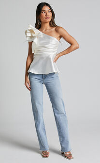 Carizza Top - One Shoulder Flounce Gathered Bodice Top in White