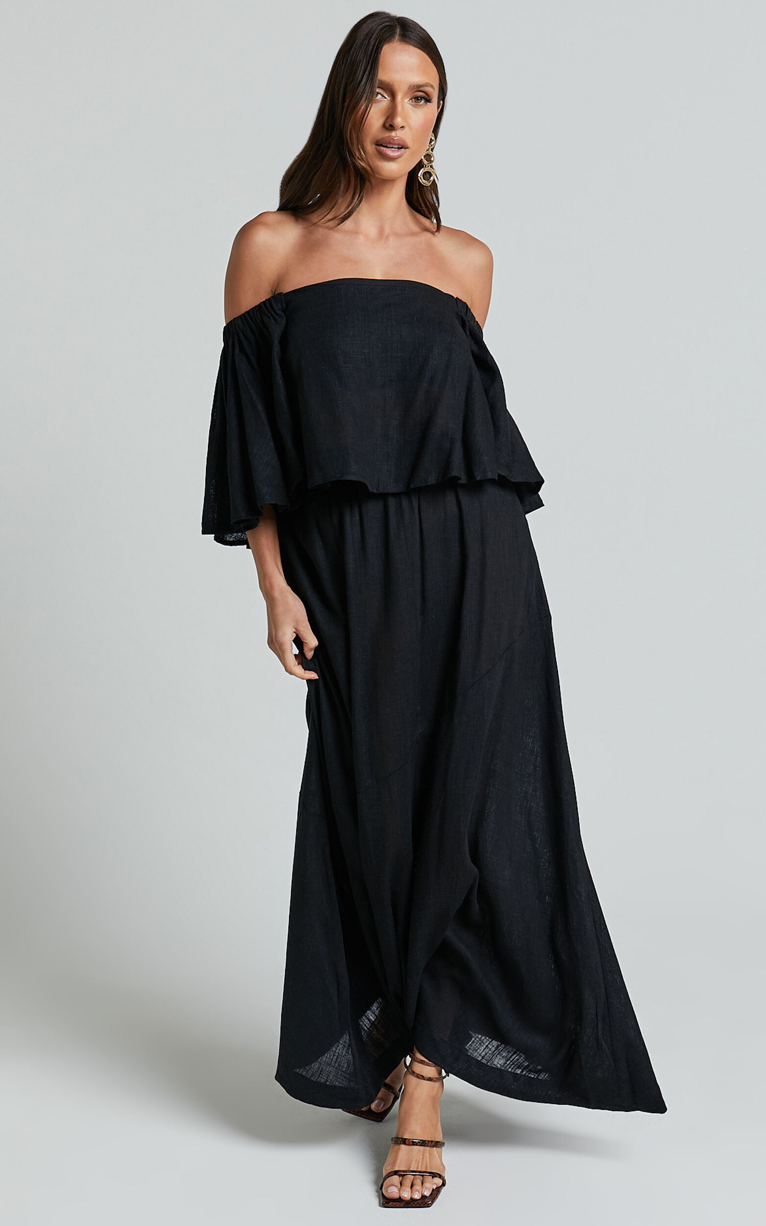 Amalie The Label - Juletta Linen Blend Flutter Sleeve Top and Midi Skirt Two Piece Set in Black - 06, BLK1