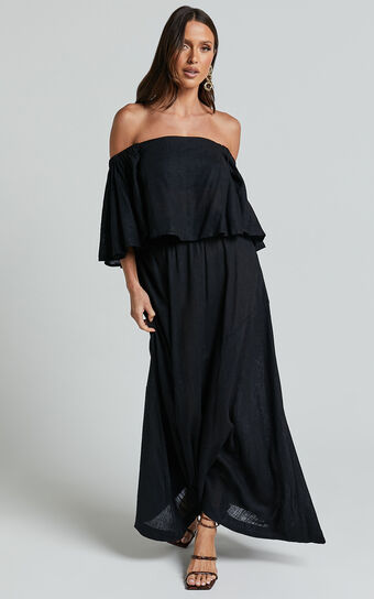 Amalie The Label - Juletta Linen Blend Flutter Sleeve Top and Midi Skirt Two Piece Set in Black