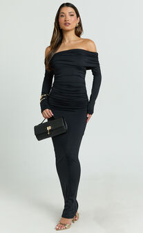Emilie Maxi Dress - Off Shoulder Long Sleeve Ruched Jersey Dress in Black