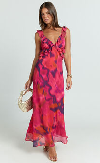 Alessa Maxi Dress - V Neck Frill Detail Empire Waist Back Cut Out Dress in Adeana Print