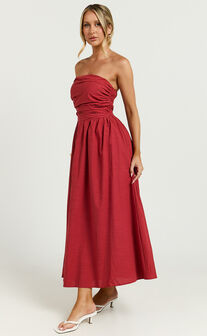 Polly Midi Dress - Strapless Ruched Dress in Red