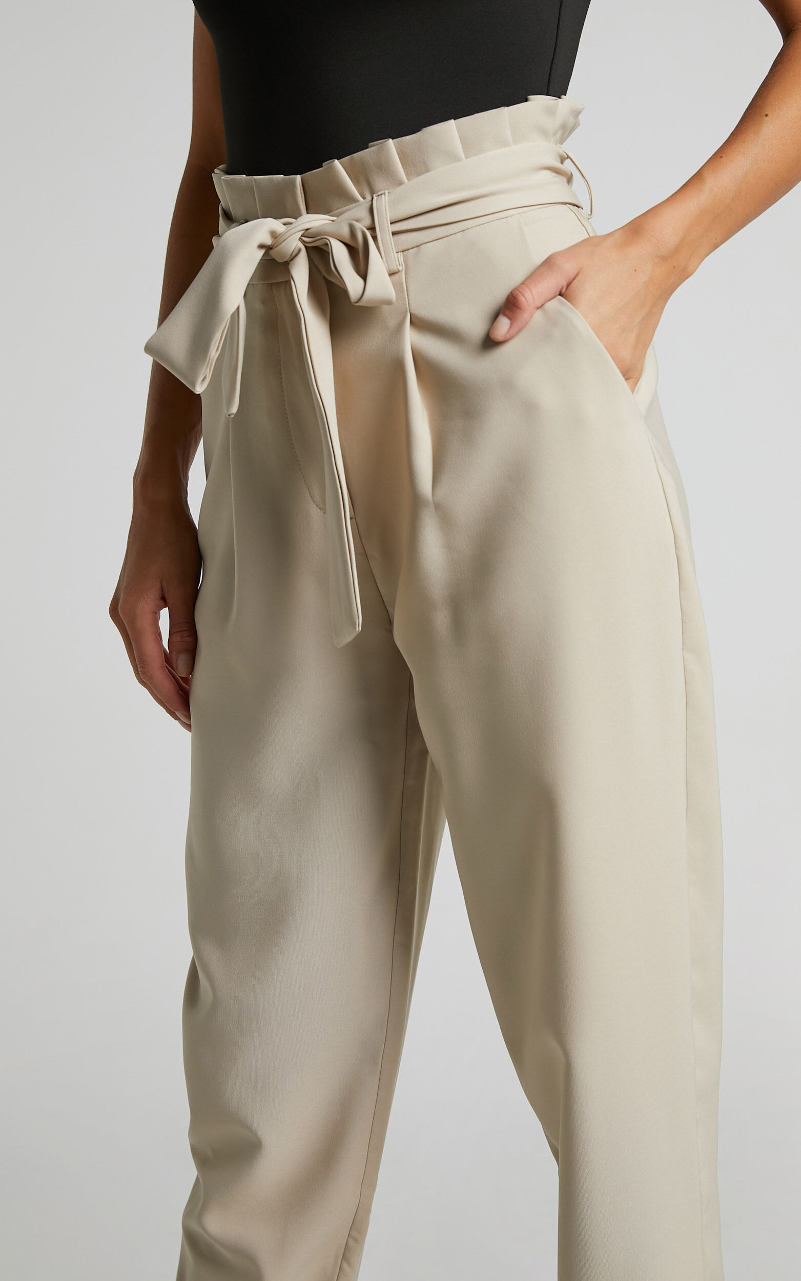 Paperbag Waist Belted Ankle Tie Beige Pant  Beige pants, Sleek fashion,  Paperbag pants
