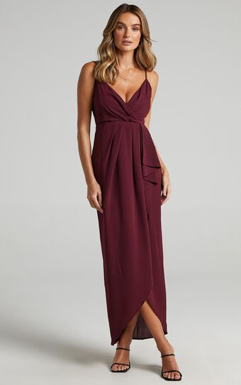 Gave Me You Midi Dress - Wrap Tulip Hem Dress in Wine