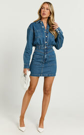 Kamala Mini Dress - Long Sleeve Button Through Denim Dress in Dark Blue ...