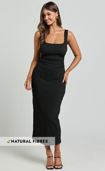 Sarina Midi Dress - Ribbed Scoop Neck Dress in Black