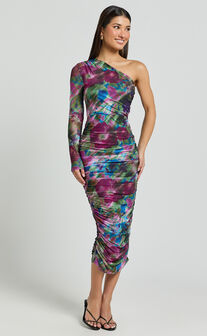 Pepper Midi Dress - One Shoulder Ruched Mesh Dress in Ethereal Iris Print