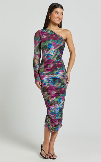 Pepper Midi Dress - One Shoulder Ruched Mesh Dress in Ethereal Iris Print