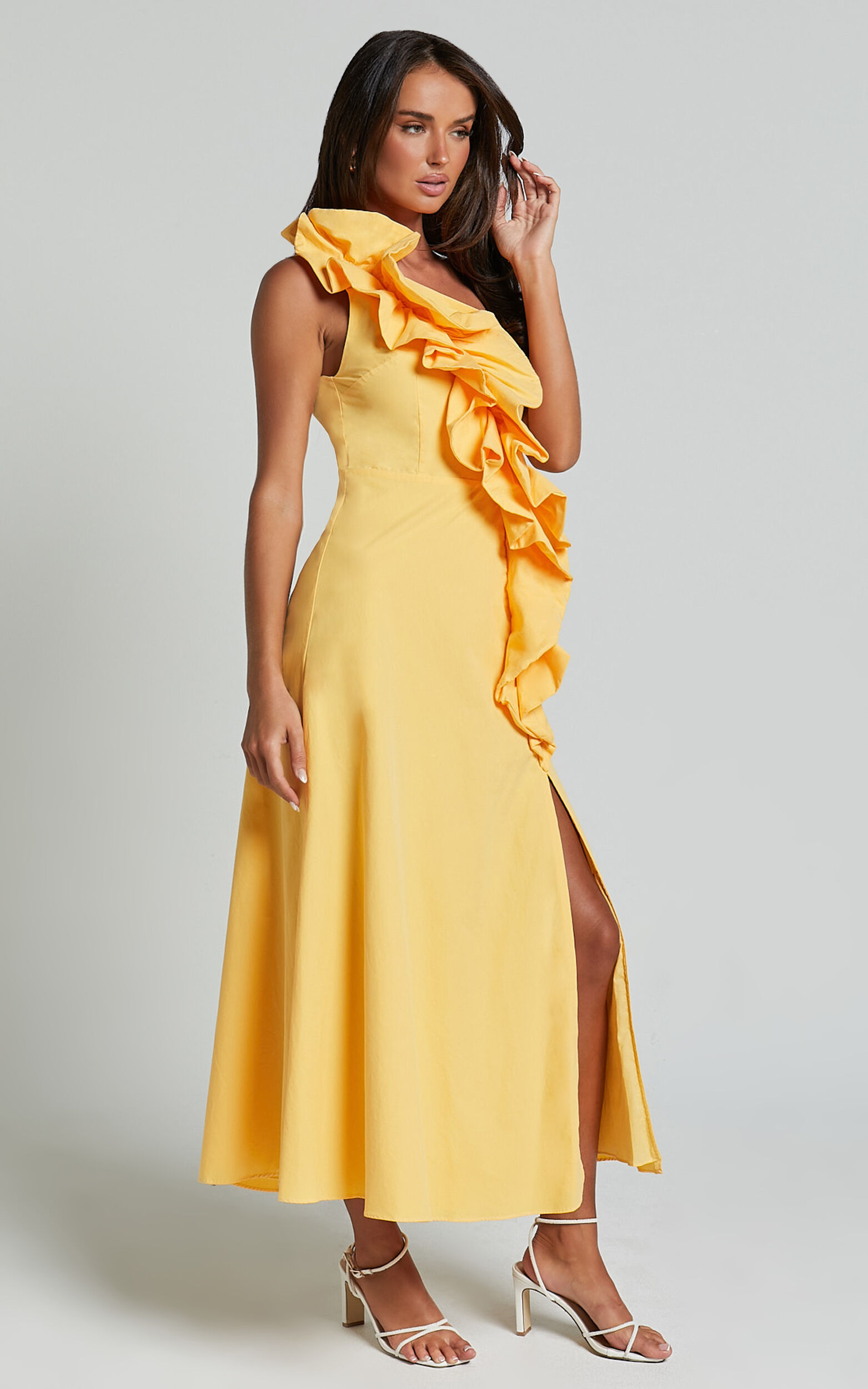 Rita Midi Dress - One Shoulder Ruffle Detail Dress in Yellow | Showpo USA