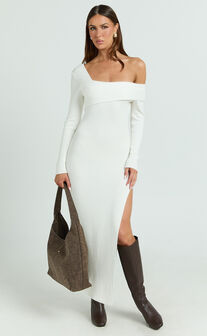 Gladys Maxi Dress - Asymmetric Shoulder Long Sleeve Knit Dress in Cream