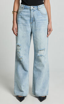 Cate Jeans - Baggy High Waist Ripped Wide Leg Recycled Denim Jeans in Light Blue Wash