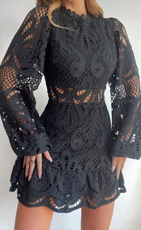 Kiss Me Now Mini Dress - Long Puff Sleeve Dress in Black Lace