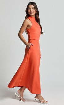 Macy Midi Dress - High Neck A Line Dress in Orange