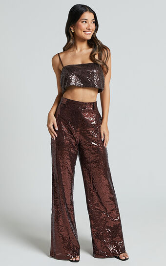 Elswyth Pants - Tailored Wide Leg Sequins Pants in Chocolate Showpo