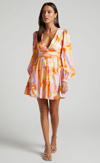 Erica Mini Dress - Long Sleeve Deep V Gathered Bust Detail Dress in Orange Floral