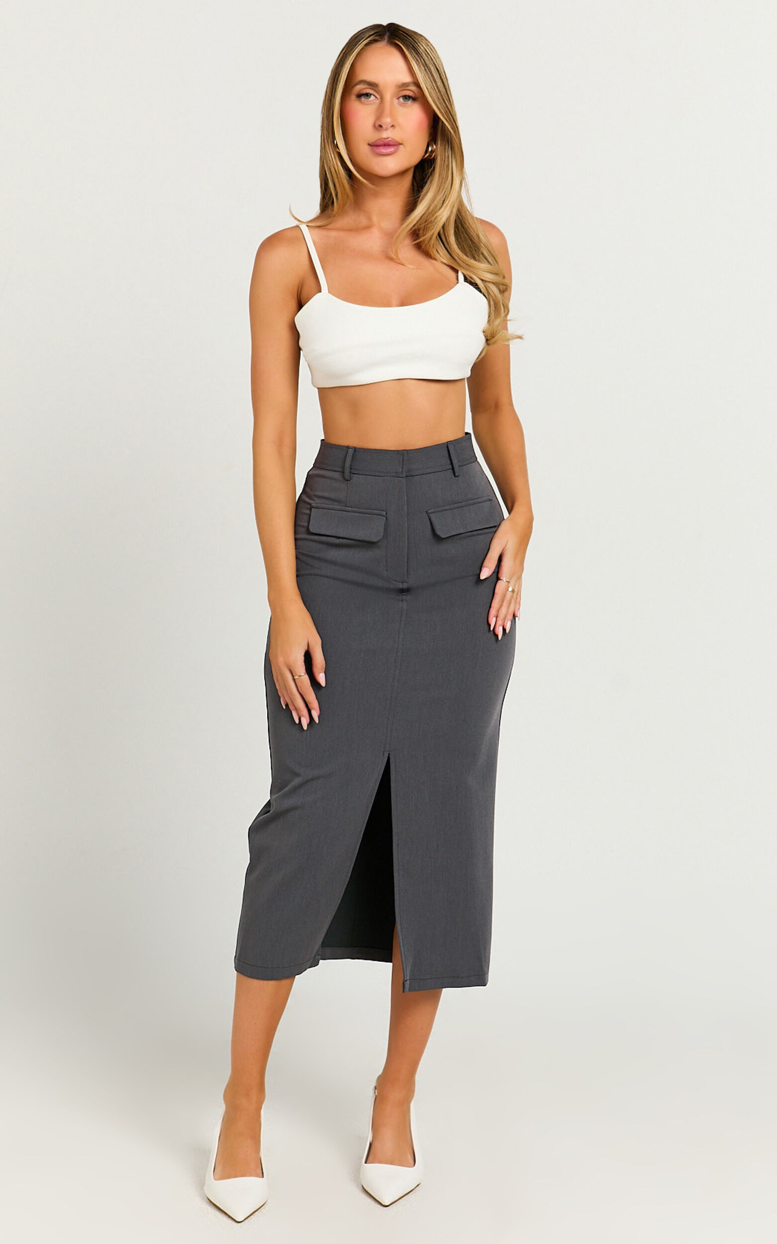 Grey high waisted midi skirt shop