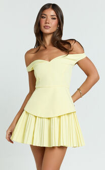 Izara Mini Dress - Off Shoulder Pleated Dress in Lemon