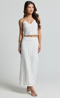 Wendy Midi Skirt - Broderie Lace High Waist Skirt in White