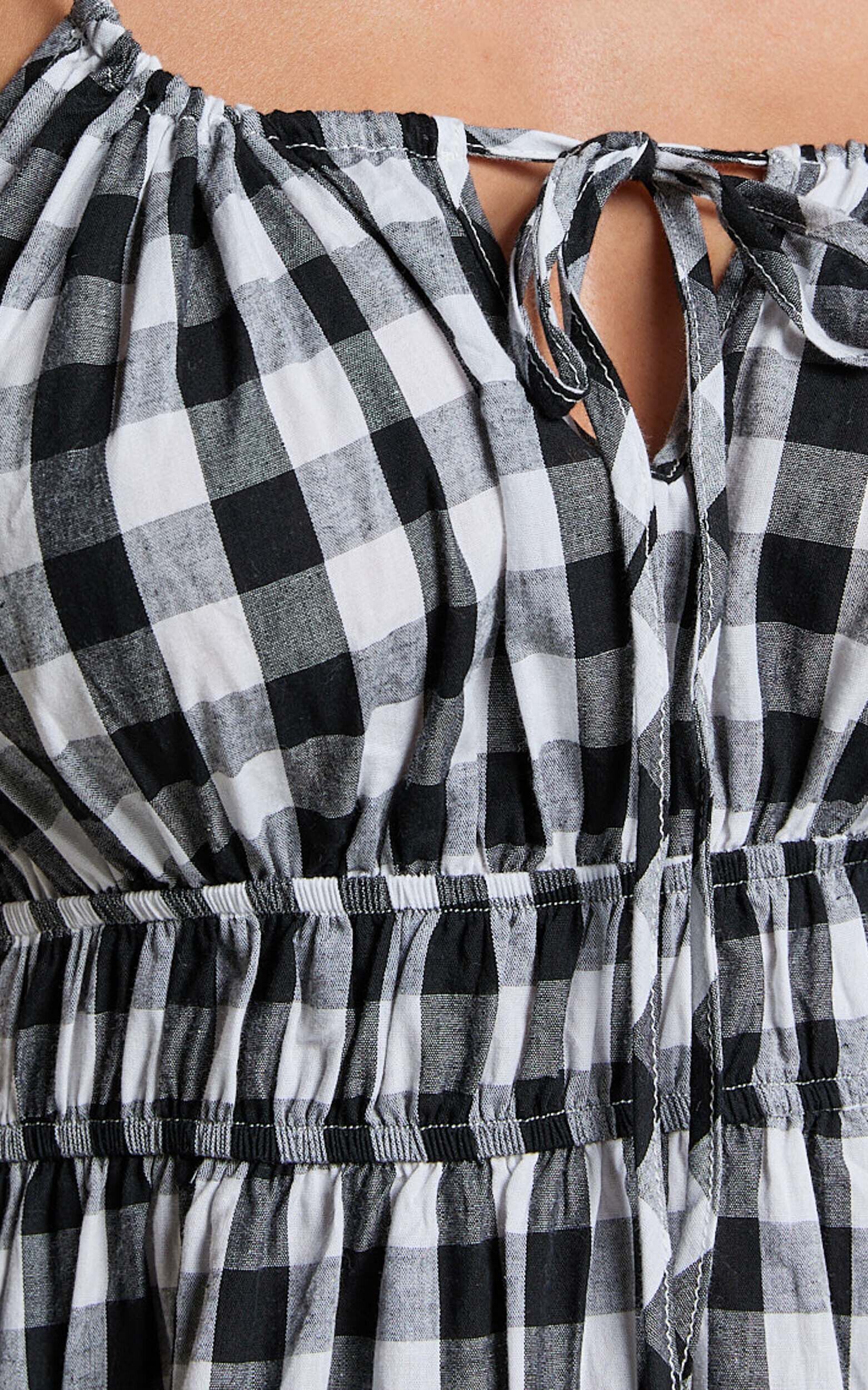 Vela Midi Dress Strappy Tie Shoulder Elasticated Waist Dress in Black and White Gingham Showpo USA
