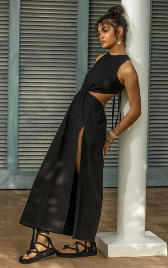 Amalie The Label - Ivy Linen Blend Cotton Cut Out Waist Tie Back Side Split Midi Dress in Black