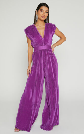 Lina Jumpsuit - Plunge Neck Pleated Wide Leg Jumpsuit in Orchid