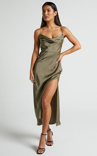 Nylah Cowl Neck Double Strap Satin Slip Midi Dress in Dark Olive