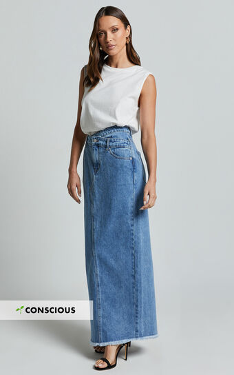 Evelyn Maxi Skirt - High Asymmetrical Waist Frayed Hem Denim Skirt in Mid Blue Wash