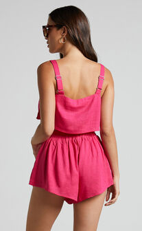 Zanrie Two Piece Set - Linen Look Square Neck Crop Top and High Waist Mini Flare Shorts Set in Hot Pink