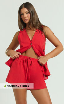 Devon Two Piece Set - Open Side Detail Top & Short Linen Look Set in Red