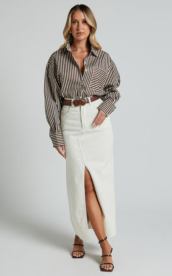 Jaycey Shirt - Long Sleeve Pocket Detail Shirt in Brown Stripe Showpo