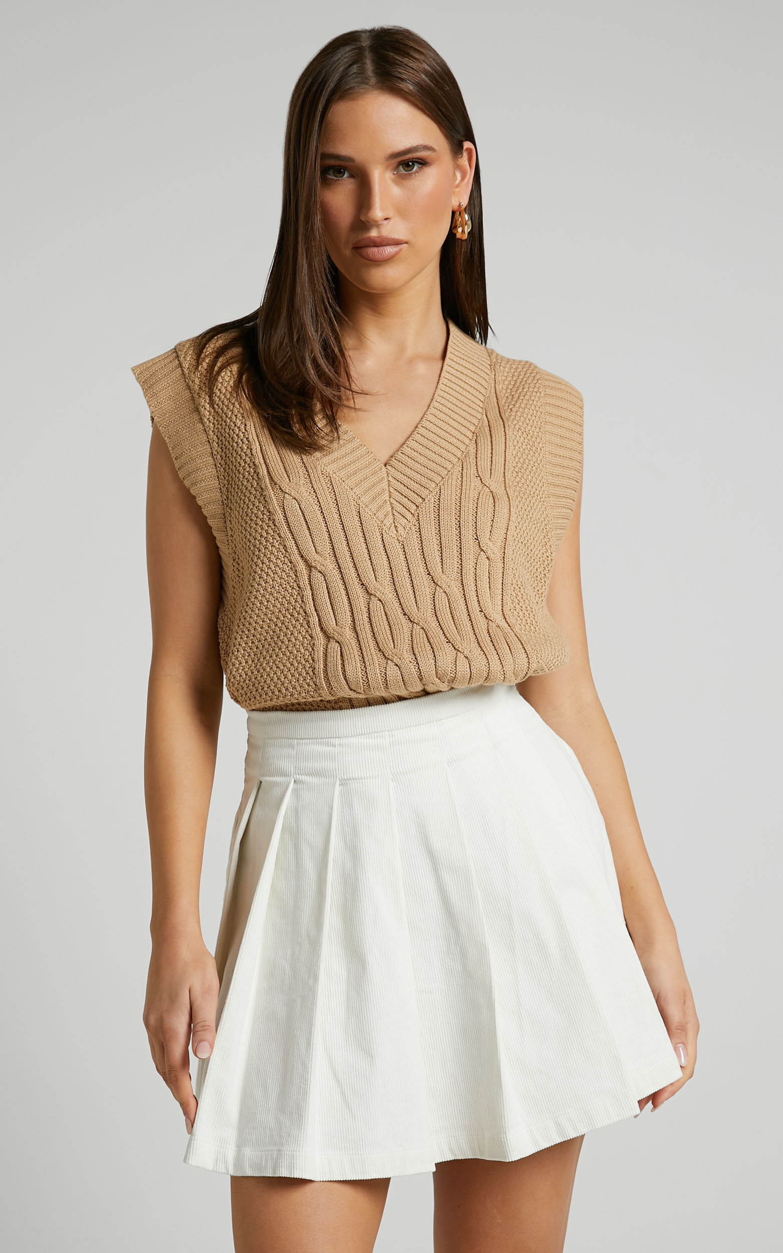 Rhexy Mini Skirt Pleated Cord Skirt in Ivory