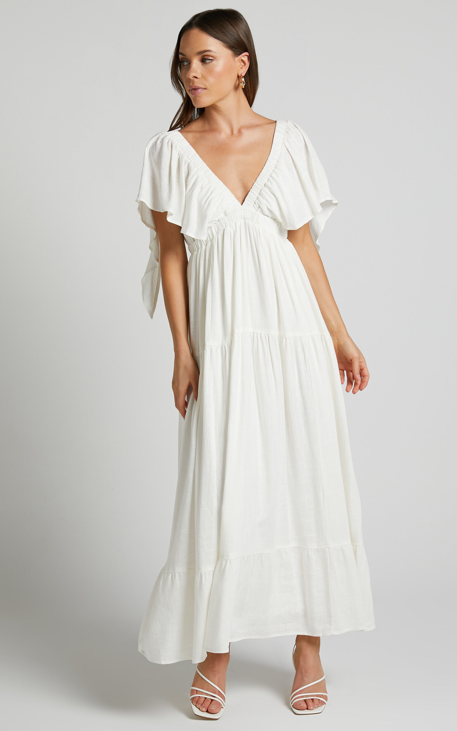 Lyrad Midi Dress Linen Look Empire Waist Textured Dress in White