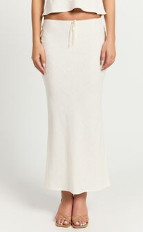 Polly Midi Skirt - Linen Low Waisted Front Bow Slip Skirt in Stone
