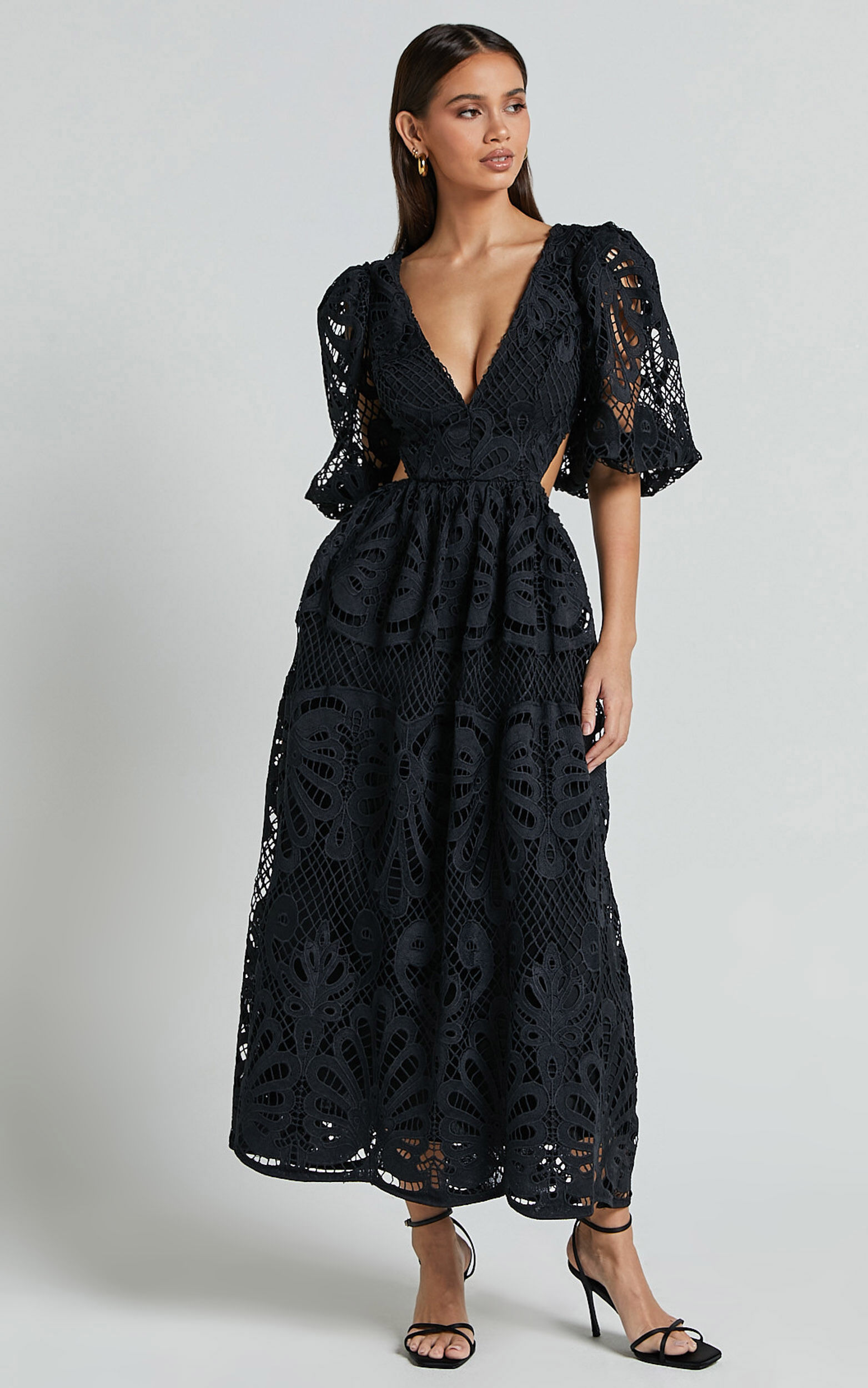 Anieshaya Midi Dress - V Neck Cut Out Lace Dress in Black