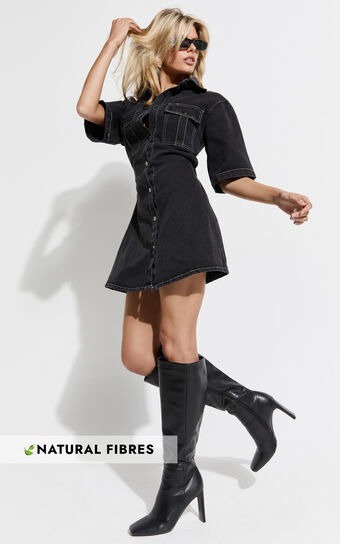 Leilani Mini Dress - Denim Short Sleeve Button Up Dress in Washed Black