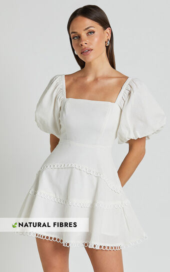 Denise Mini Dress - Square Neck Puff Sleeve Lace Detail Dress in White No Brand