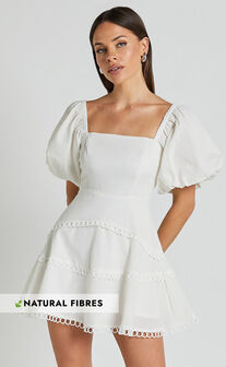 Denise Mini Dress - Square Neck Puff Sleeve Lace Detail Dress in White