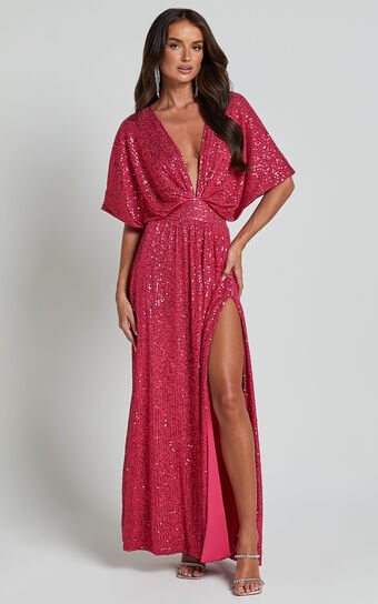 Miyah Maxi Dress - Sequin Plunge Short Sleeve Dress in Pink
