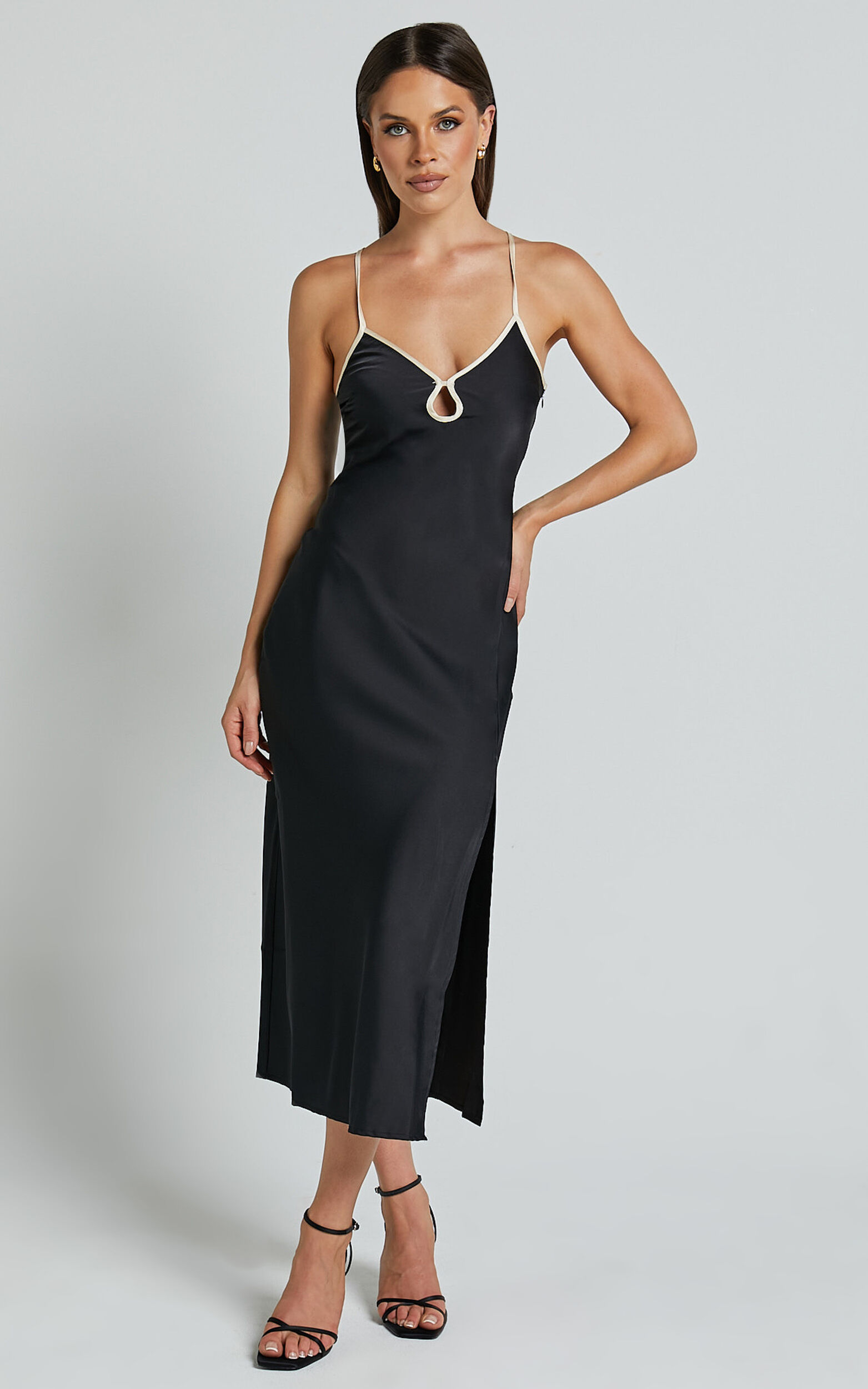 Blakely Midi Dress - Contrast Piping Detail Satin Bias Cut Dress in Black - 06, BLK1