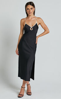Blakely Midi Dress - Contrast Piping Detail Satin Bias Cut Dress in Black