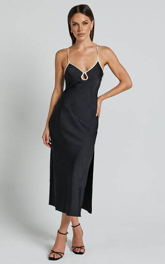 Blakely Midi Dress - Contrast Piping Detail Satin Bias Cut Dress in Black