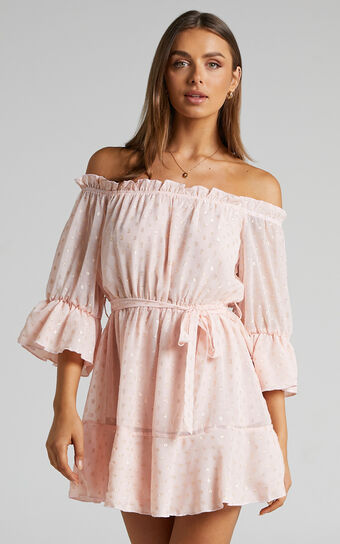 Delamaer Mini Dress - Off Shoulder Polka Dot Dress in Pink
